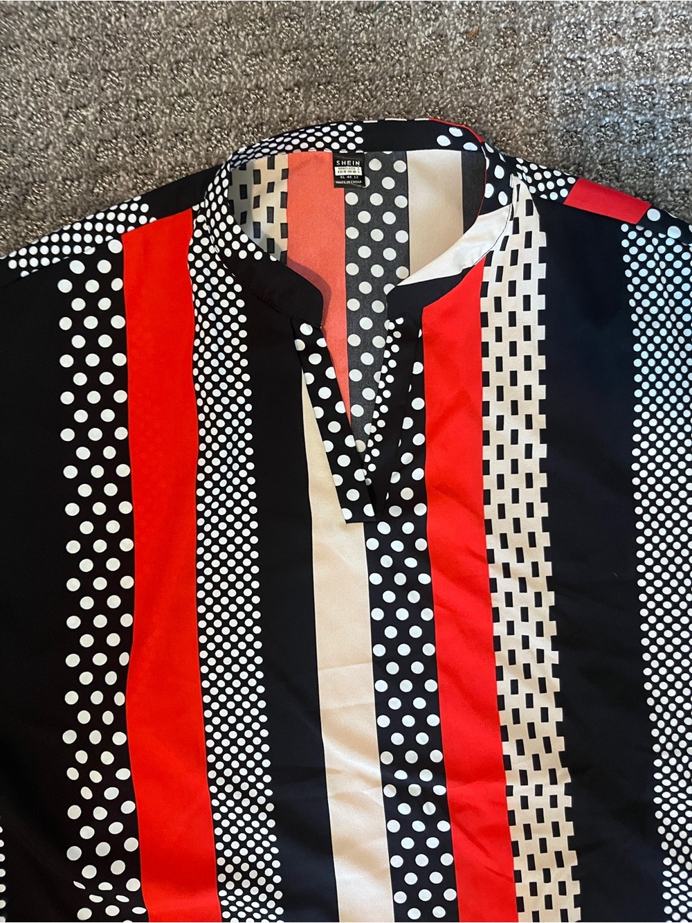 SHEIN Black, White & Red Vertical Stripe Polka Dot Blouse